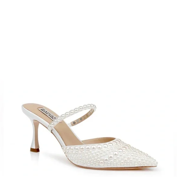 Badgley Mischka White Pearl-Embellished Pointed Mule Heels - Picture 3 of 6